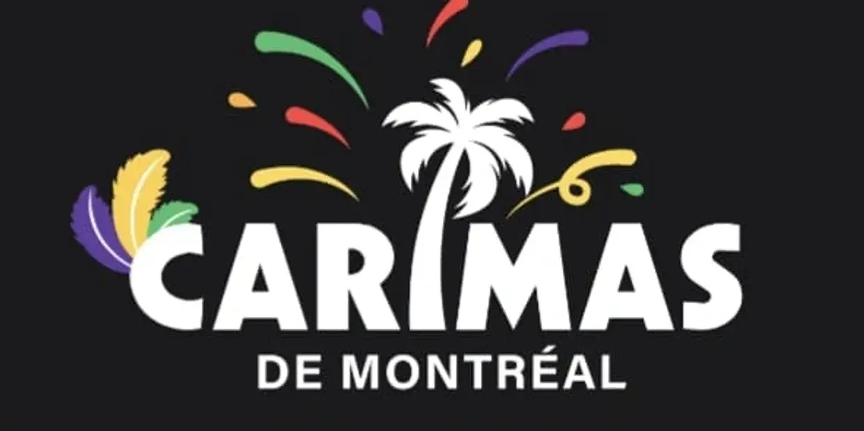 Carimas Montreal logo with palm tree and confetti