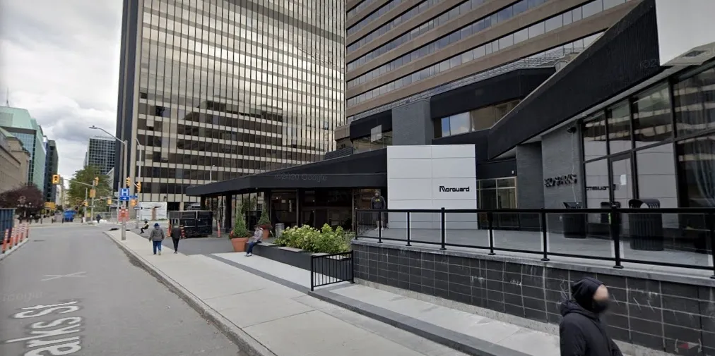 Downtown street with glass office towers